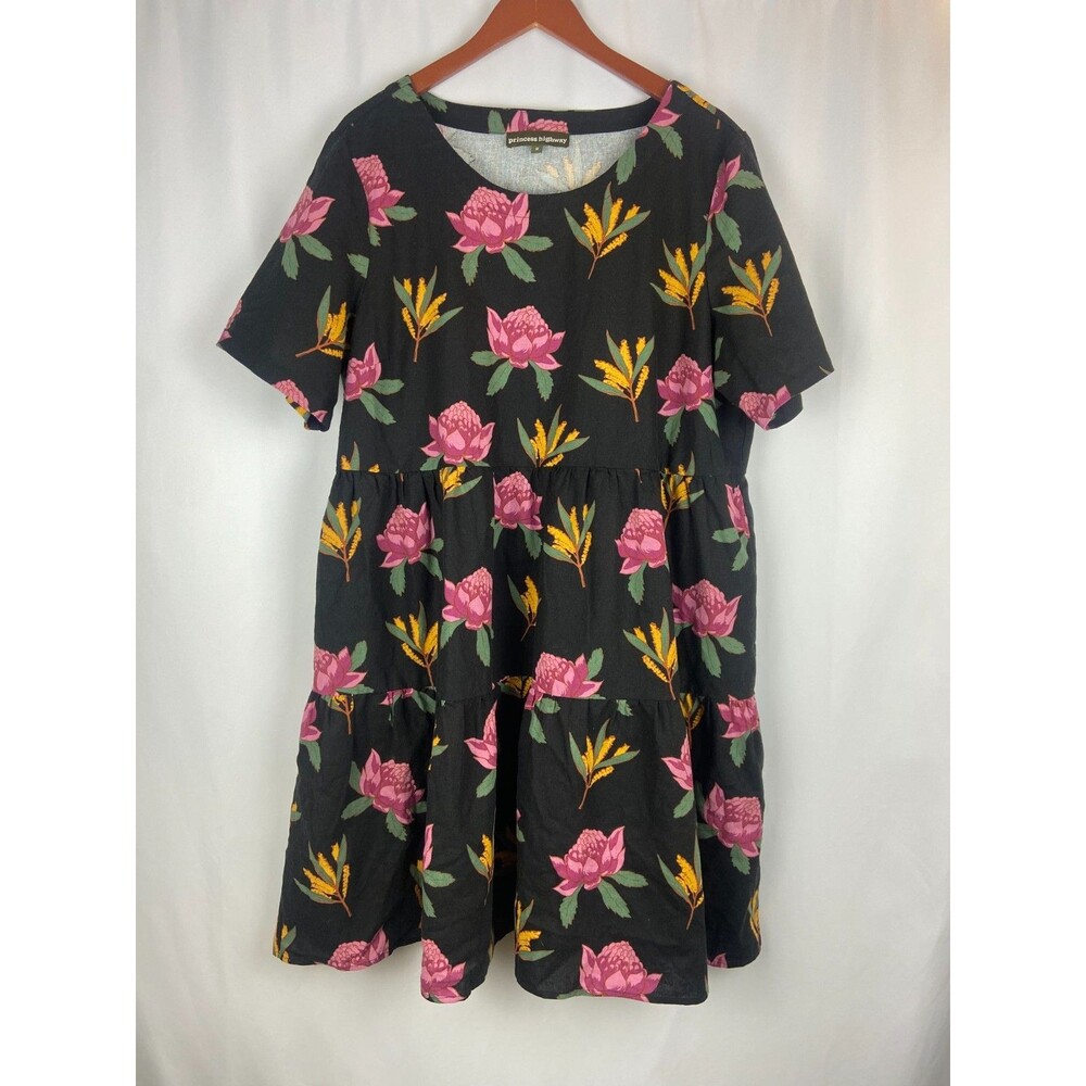 Princess Highway Dress Sz US 14/AU 18 Linen Blend Colorful Floral Tiered Cottage